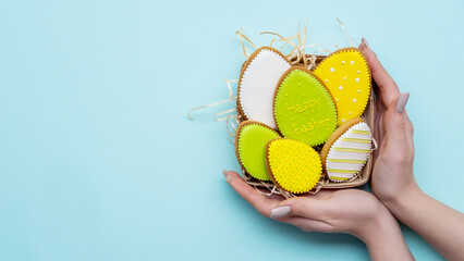 Happy Easter. Holiday greeting. Homemade festive bakery food delivery. Colorful green yellow...