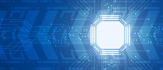 Technology microchip, blue circuit board, digital arrow movement background