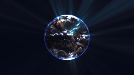 earth globe with glowing details and light rays. 3d illustration.