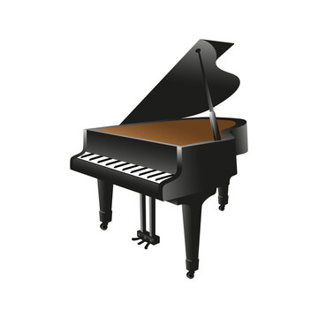 The musical instrument is a black piano. Color illustration on a white background..