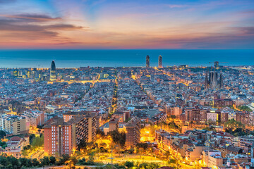 Fototapeta na wymiar Barcelona Spain, high angle view night city skyline from Bunkers del Carmel