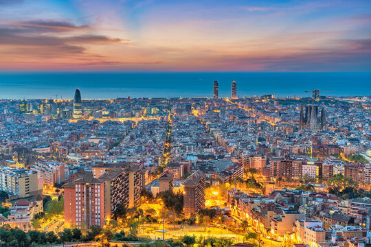Barcelona Spain, high angle view night city skyline from Bunkers del Carmel