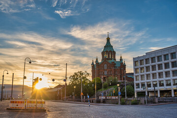 Helsinki Finland, sunrise city skyline at Uspenski Cathedral