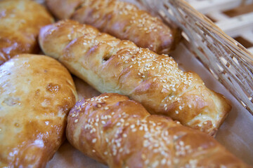 Freshly baked homemade savory puff pastries patties, rollini