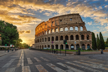 Rome Italy, sunrise city skyline at Rome Colosseum