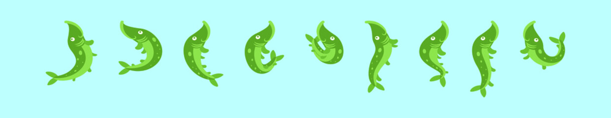 set of pike fish cartoon icon design template with various models. vector illustration isolated on blue background