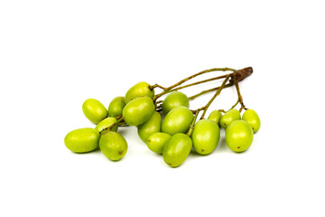 Fresh Neem fruit isolated on white background. Neem is an excellent moisturizing oil and contains various compounds that have insecticidal and medicinal properties.