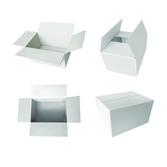 Vector White Boxes Set Isolated on White Background, Realistic 3D Blank Mockups, Empty Boxes.
