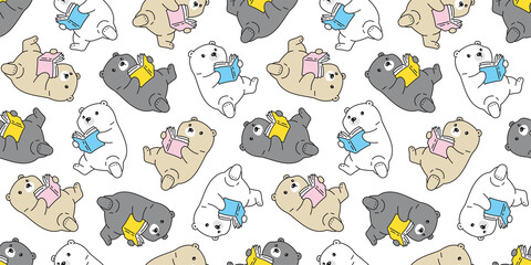 bear seamless pattern polar vector reading book repeat wallpaper teddy scarf isolated cartoon tile background doodle illustration design