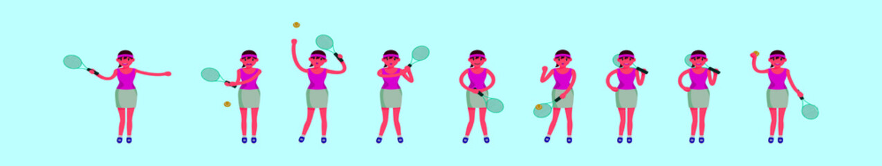 set of tennis player cartoon icon design template with various models. vector illustration isolated on blue background