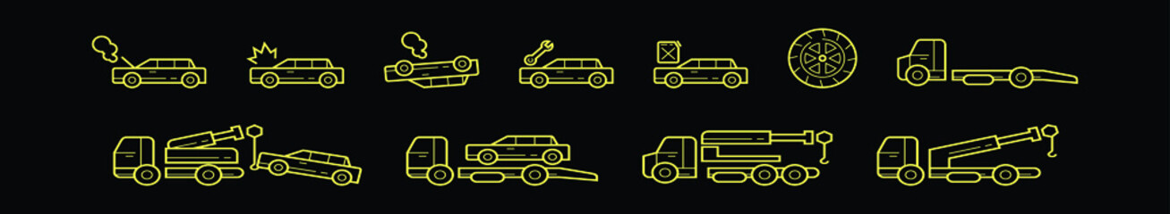 set of towing car cartoon icon design template with various models. vector illustration isolated on black background