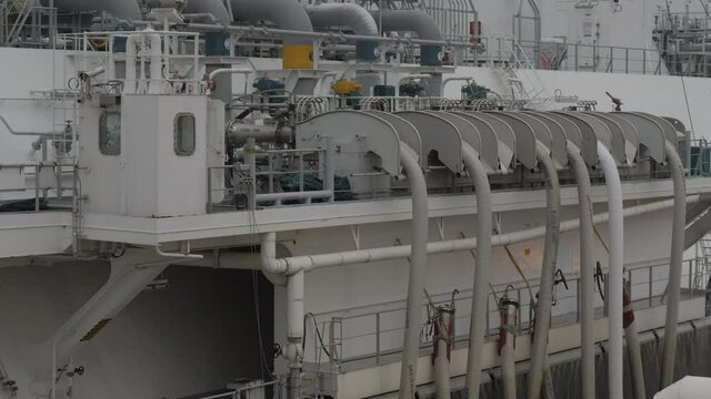 Cargo manifold with pipes of LNG tanker