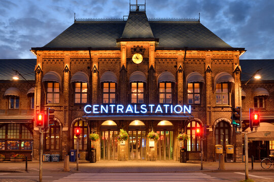 Historic building of railway station in Gothenburg at evening time