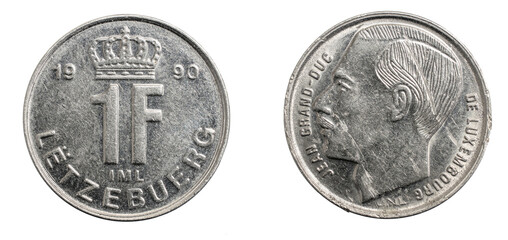One Luxembourg franc on a white isolated background