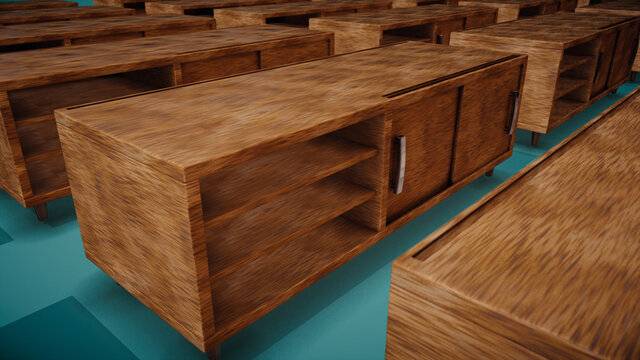 3d rendered illustration of A lot of Wooden tv entertainment units in a row. High quality 3d illustration