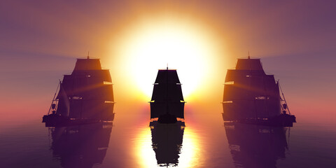 Obraz premium old three ships sunset at sea, 3d rendering