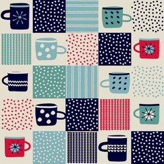 Obraz premium Seamless pattern, patchwork with hand drawn cups, polka dot, waves in rustic Scandinavian hygge style for surface design and other design projects