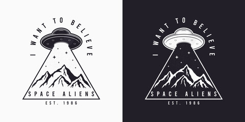 UFO and space design for t-shirt with spaceship, mountains and slogan text. Typography graphics for tee shirt. Apparel print in UFO theme. Vector illustration.