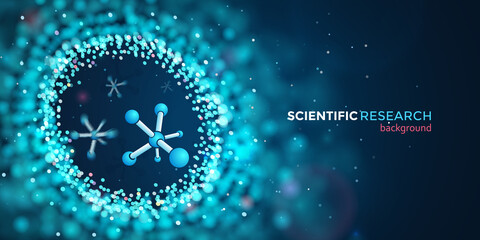 Scientific medical research vector web banner. Science abstract blue background with motion molecules.