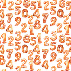 Balloons birthday celebration. The numbers are inflatable. watercolor illustration hand drawn print textile vintage retro sketch. Congratulations postcard background seamless patern