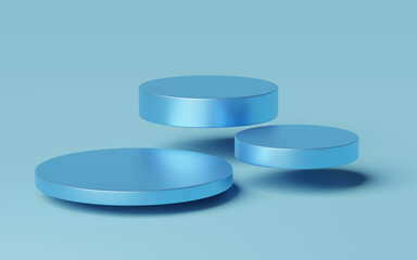3 Empty blue cylinder podium floating on blue background. Abstract minimal studio 3d geometric shape object. Mockup space for display of product design. 3d rendering.