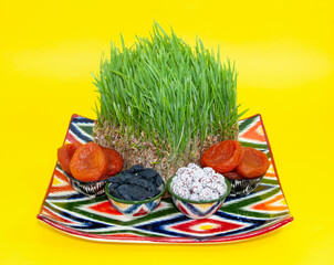 Happy background of the Navruz holiday. Celebration of Nowruz sweets and various dried fruits with green grass