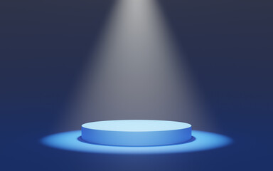 Empty blue cylinder podium with fog on bright background. Pedestal illuminated by spotlights. Abstract minimal studio 3d geometric object. Mockup space for display of product design. 3d rendering.