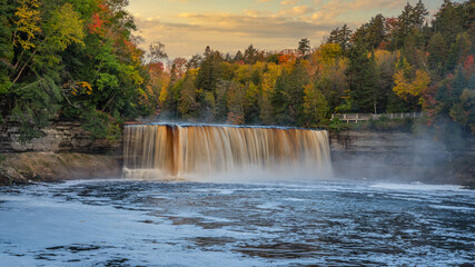 Dawning day light at Upper Tahquamenon Falls in Autumn - Michigan State Park in the Upper Peninsula - waterfall