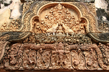 Magnificent details of the Hindu temple in Banteay Srei, Cambodia 