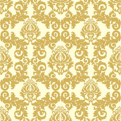 Classic seamless damask wallpaper. Yellow vintage trendy ornament. Contemporary art fabric. Decor element in the interior, vector cream color background. Lace pattern 