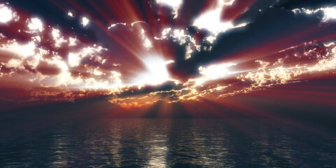 sunset sea sun ray clouds, 3d rendering