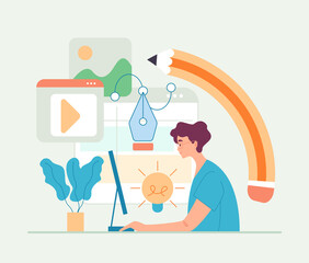 Man worker freelancer digital artist designer working. Digital web design development concept. Vector cartoon flat graphic design illustration