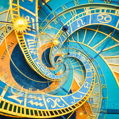 Droste effect background based on Prague astronomical clock. Abstract design for concepts related to astrology and fantasy.