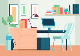 Home workplace interior furniture living room concept. Vector cartoon flat graphic design illustration