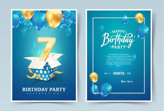 7th years birthday vector invitation double card. Seven years anniversary celebration brochure. Template of invitational for print on blue background