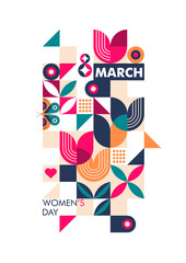 International Women's Day. 8th March. Template for cards, posters, invitations. Geometric flat composition with butterfly and abstract tulips.