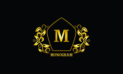 Decorative, golden graceful monogram with initials M. Heraldic logo symbol with exclusive elements of calligraphic design. Vector business sign, identity for hotel, restaurant, jewelry.