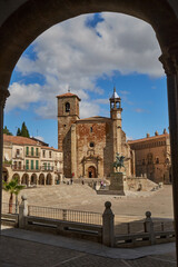 Portals, church of San Martin and equestrian statue of Francisco Pizarro in Plaza Mayor de Trujillo...