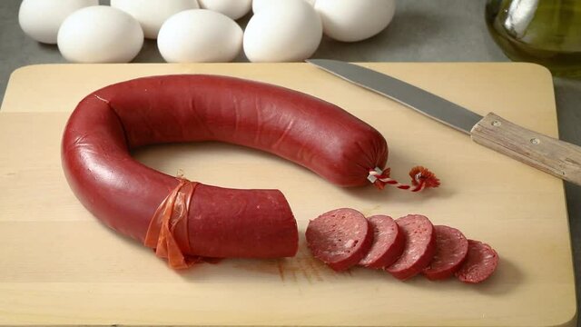 Slices of Turkish sausage, sucuk close up