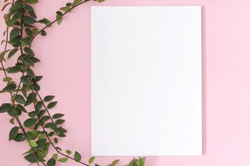 Fototapeta premium vertical blank paper page on pink background with green plant, mockup for pictures