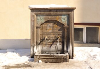 Erzurum, in Turkey  02. 21. 2021
Ancient water source (Turkish: Su Kaynak).
islamic ancient building, cold weather in winter -50 degrees Celsius.
Snow, Freeze, frostiness, freezing, frosting, ice