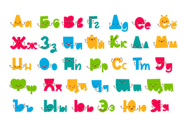 Fototapeta premium Children font in the cartoon style. Cyrillic Funny letters with cute faces. Russian Colorful typography. Vector alphabet.