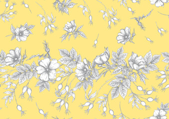 Rose hips with flowers and berries seamless pattern. Graphic drawing, engraving style. Vector illustration in Illuminating yellow and ultimate grey color