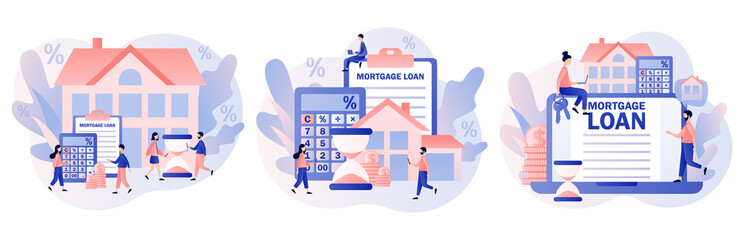 Mortgage concept. House loan. Tiny people buying home and pay credit to bank. Investment money in real estate property. Modern flat cartoon style. Vector illustration on white background