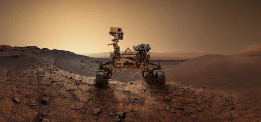 Foto op Plexiglas Mars 2020 Perseverance Rover verkent het oppervlak van Mars. Volharding rover Missie Mars verkenning van de rode planeet. Ruimteverkenning, wetenschapsconcept. .Elementen van deze afbeelding geleverd door NASA. © Tryfonov