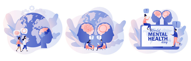 World mental health day. Psychology without borders. Psychotherapy practice, psychological help, psychologist service, psychologist online. Modern flat cartoon style. Vector illustration