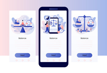 Fototapeta premium Work and life balance. Tiny people keep harmony between career and money versus love and time, leisure or business. Screen template for mobile smart phone. Modern flat cartoon style. Vector 