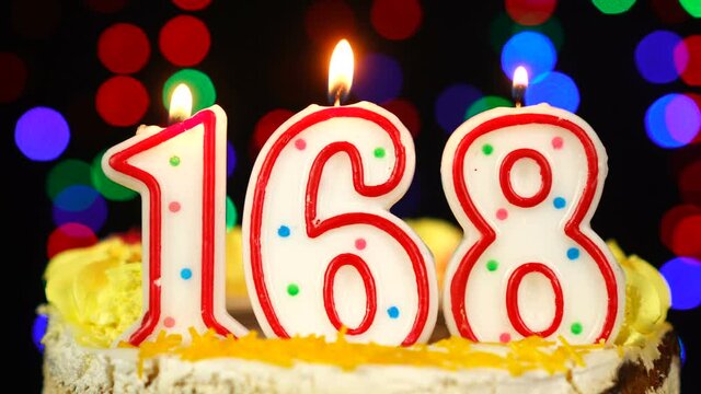 Number 168 Happy Birthday Cake With Burning Candles Topper.