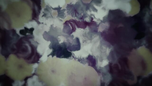 Abstract floral motion background animation in the style of a dark watercolor painting. Flowers include alstroemeria, carnation, chrysanthemum, daisy, gerbera, gladiola, hydrangea and rose. 
