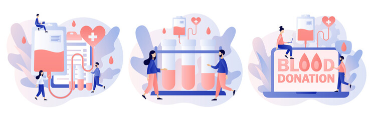 Blood donation concept. Tiny volunteers with nurses donating blood in hospital. Health care. Modern flat cartoon style. Vector illustration on white background
